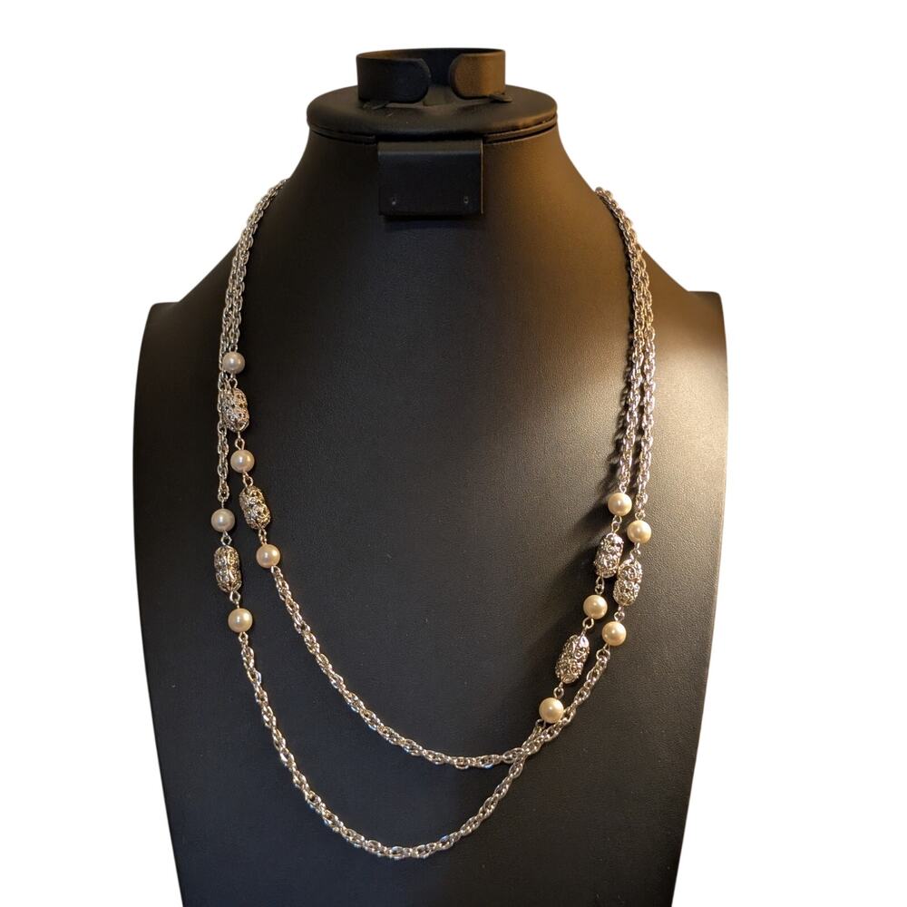VINTAGE Sarah Coventry Silver Tone Pearl Filigree Bead 52" Necklace